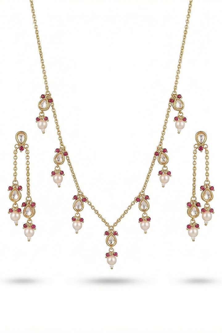 Micro Gold Finish Kundan Polki & Pearl Necklace Set by Tussya at Pernia's Pop Up Shop