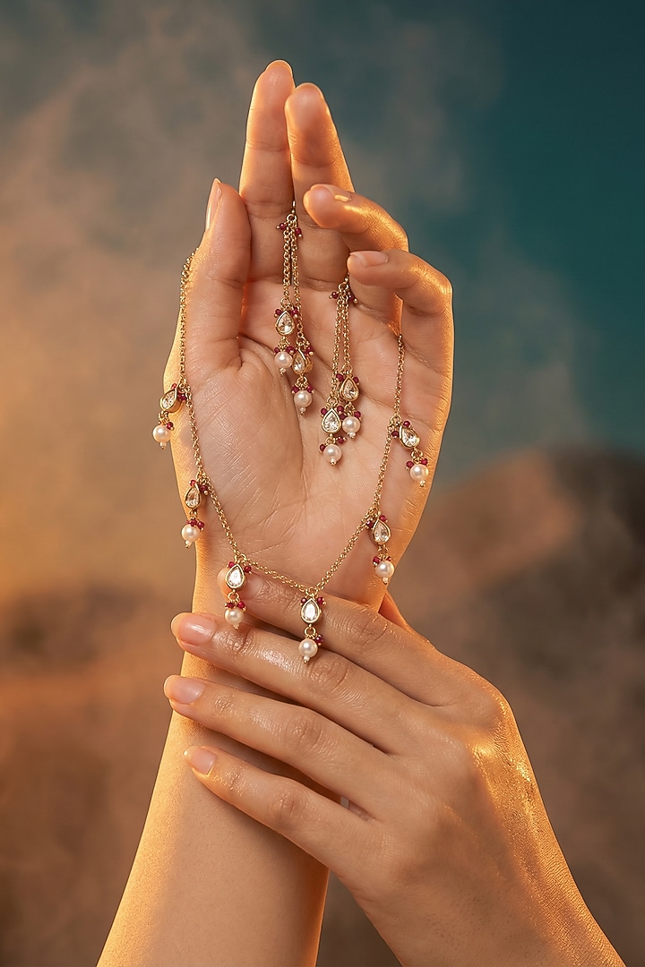 Micro Gold Finish Kundan Polki & Pearl Necklace Set by Tussya at Pernia's Pop Up Shop