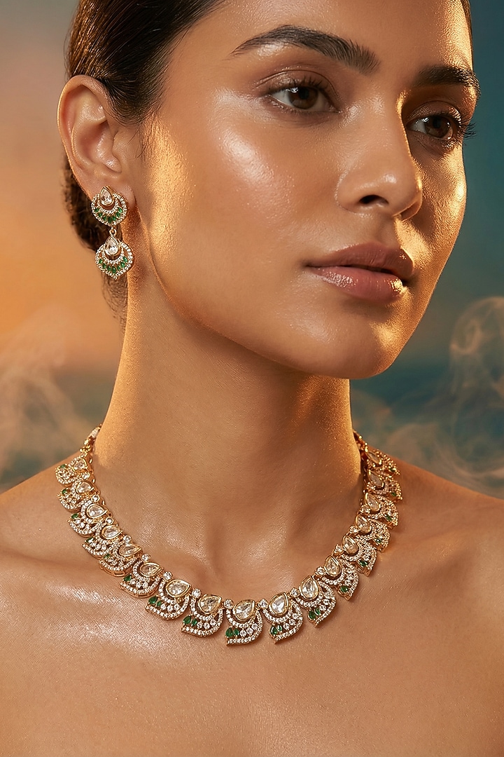 Micro Gold Finish Kundan Polki & Pearl Necklace Set by Tussya at Pernia's Pop Up Shop