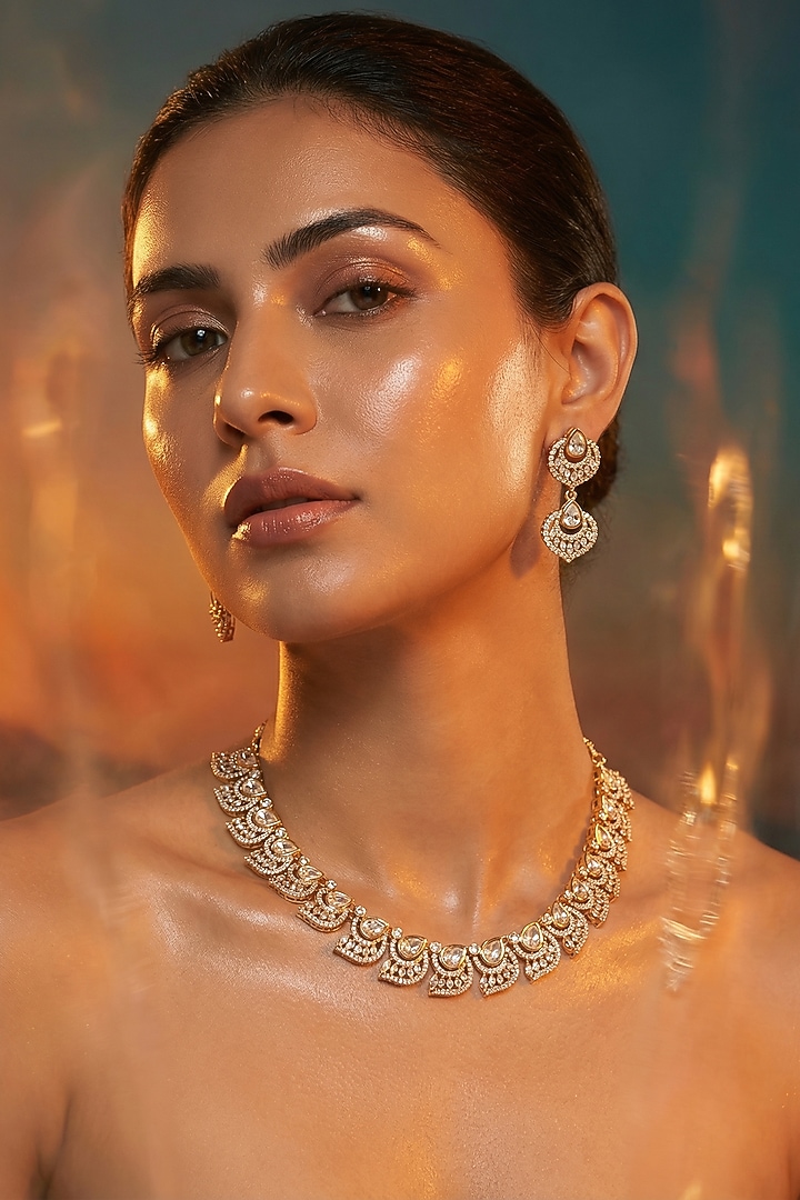 Micro Gold Finish Kundan Polki & Pearl Necklace Set by Tussya at Pernia's Pop Up Shop