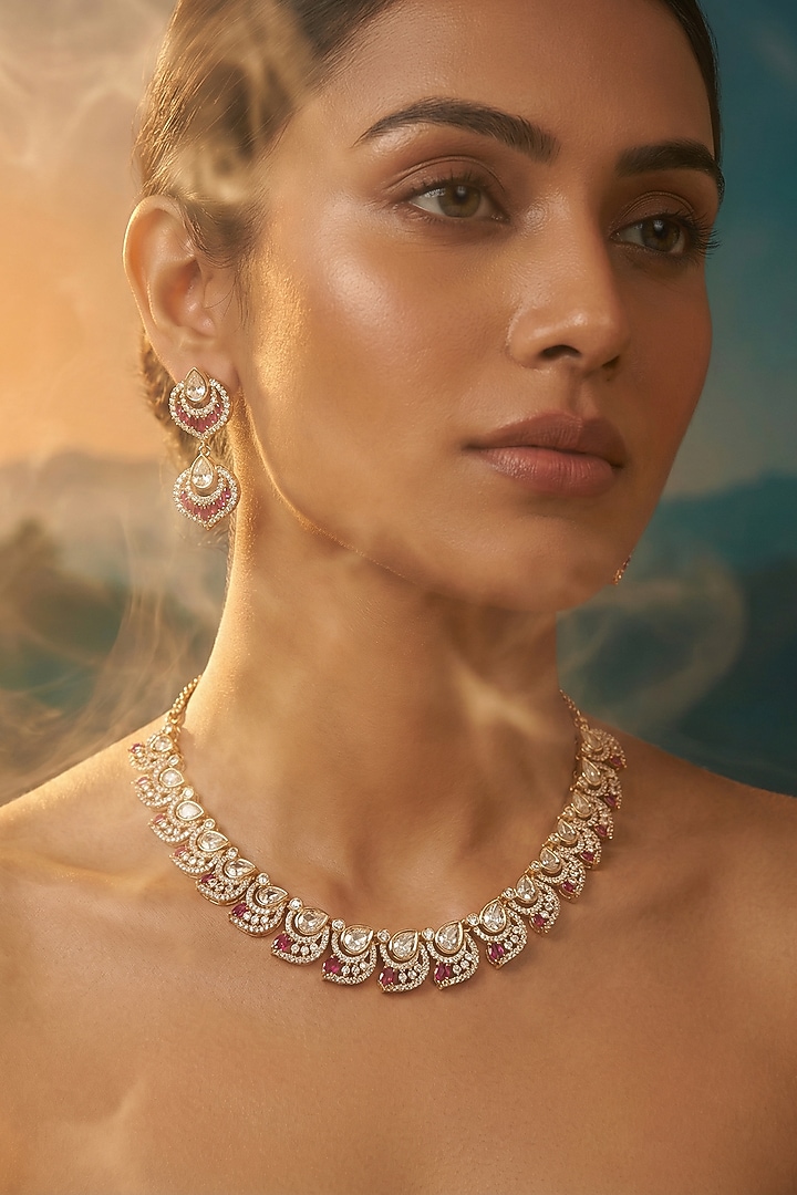 Micro Gold Finish Kundan Polki & Pearl Necklace Set by Tussya at Pernia's Pop Up Shop