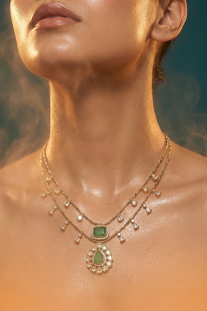 Micro Gold Finish Kundan Polki & Pearl Necklace Set by Tussya at Pernia's Pop Up Shop