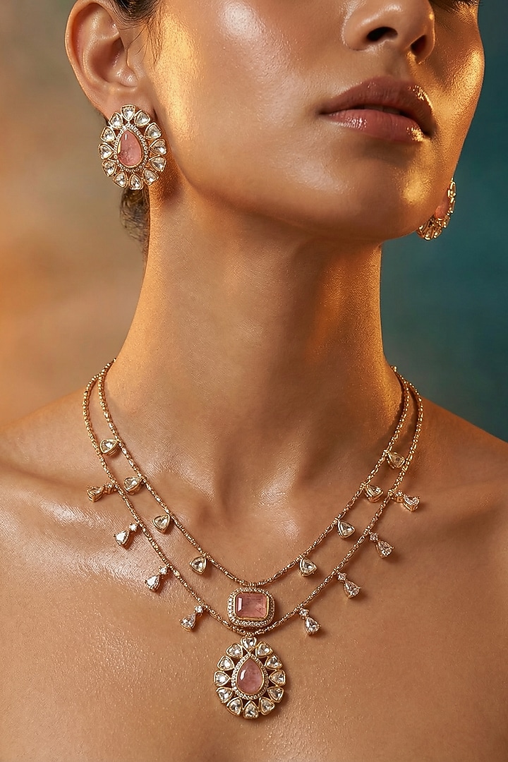 Micro Gold Finish Kundan Polki & Pearl Necklace Set by Tussya at Pernia's Pop Up Shop
