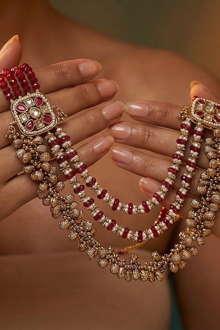 Micro Gold Finish Kundan Polki & Pearl Necklace Set by Tussya at Pernia's Pop Up Shop