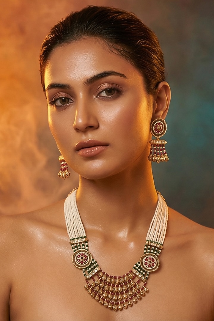 Micro Gold Finish Kundan Polki & Pearl Necklace Set by Tussya at Pernia's Pop Up Shop