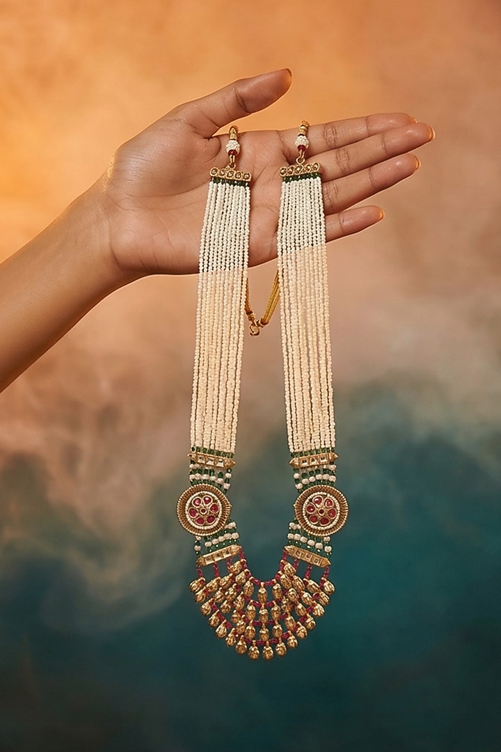 Micro Gold Finish Kundan Polki & Pearl Necklace Set by Tussya at Pernia's Pop Up Shop