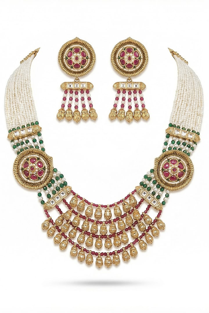 Micro Gold Finish Kundan Polki & Pearl Necklace Set by Tussya at Pernia's Pop Up Shop