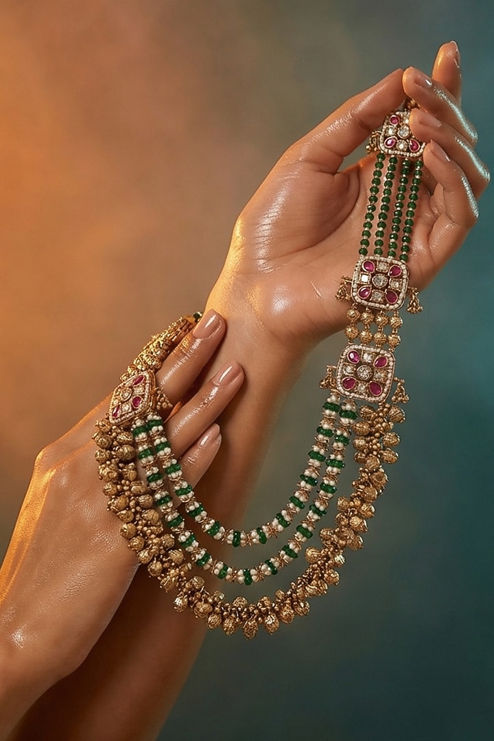 Micro Gold Finish Kundan Polki & Pearl Necklace Set by Tussya at Pernia's Pop Up Shop