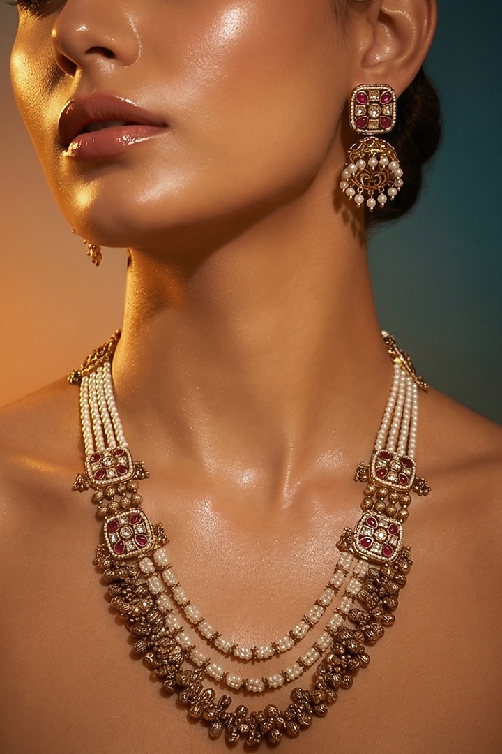 Micro Gold Finish Kundan Polki & Pearl Necklace Set by Tussya at Pernia's Pop Up Shop