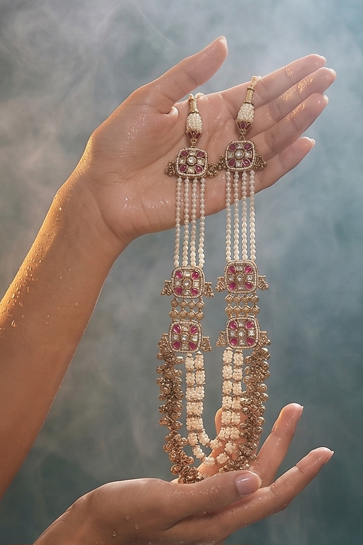 Micro Gold Finish Kundan Polki & Pearl Necklace Set by Tussya at Pernia's Pop Up Shop