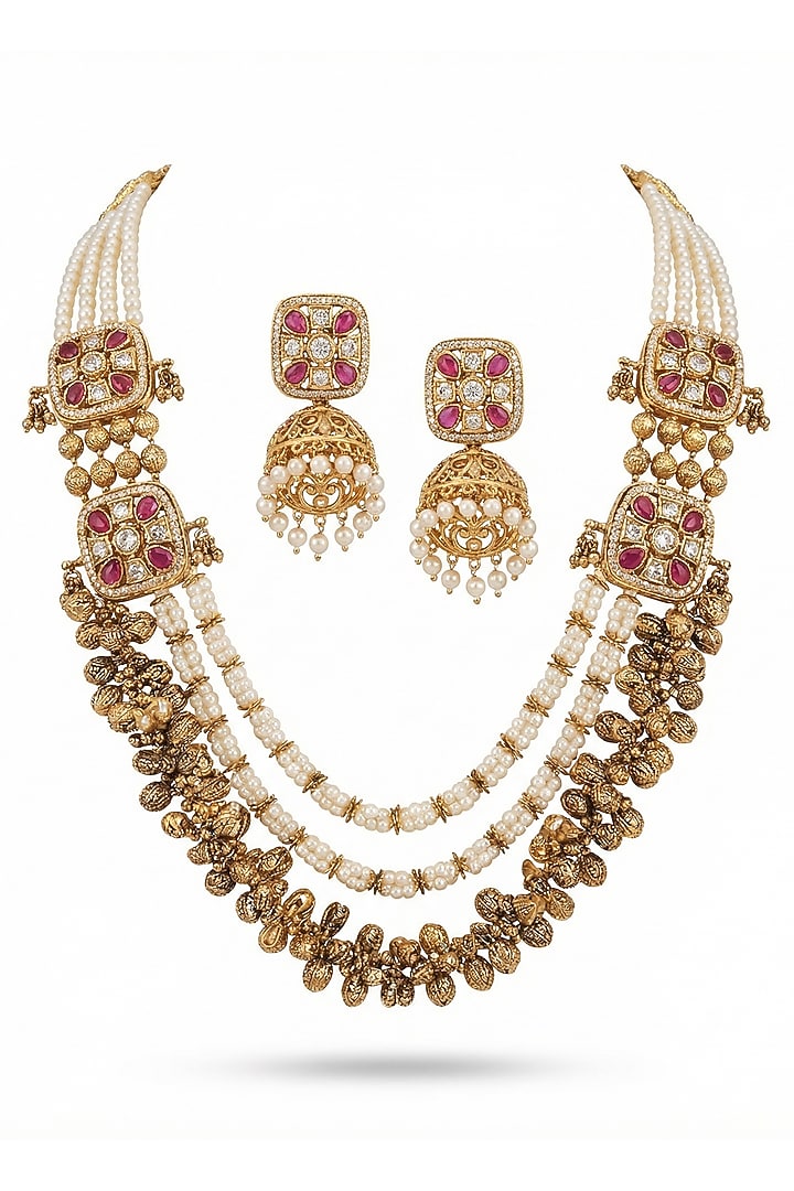 Micro Gold Finish Kundan Polki & Pearl Necklace Set by Tussya at Pernia's Pop Up Shop
