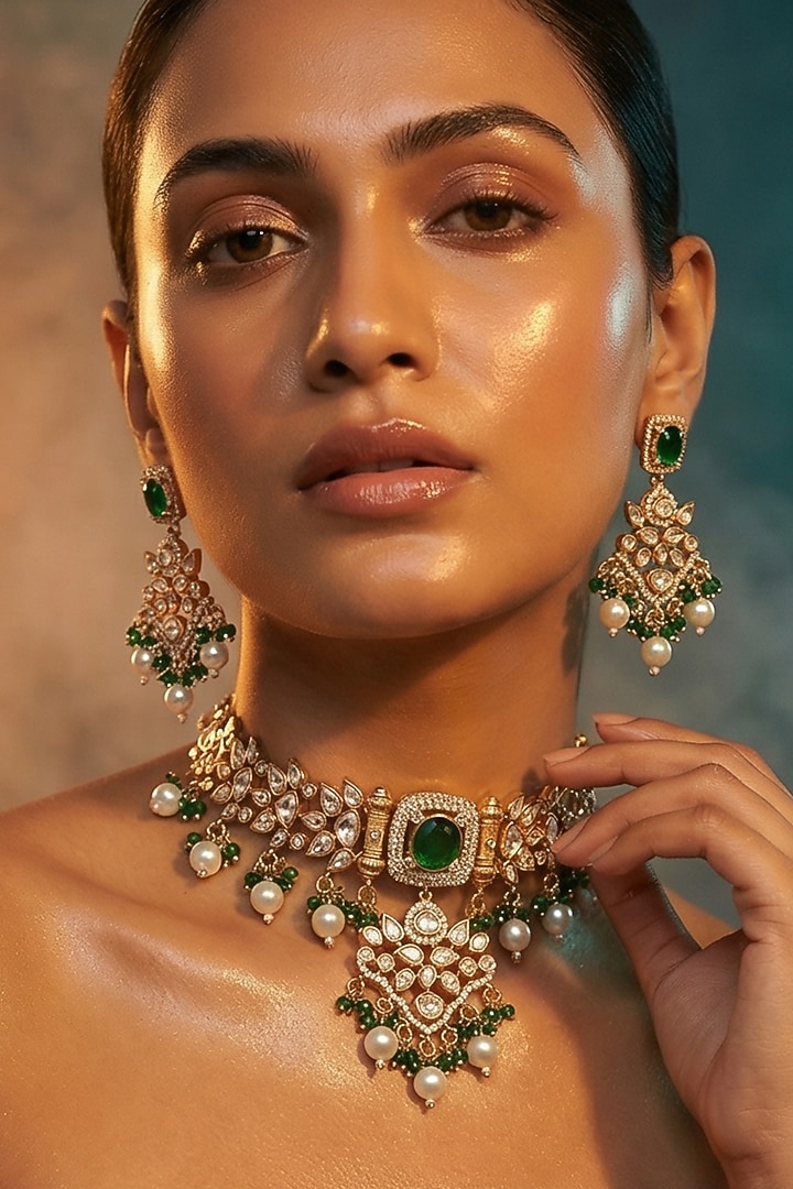 Micro Gold Finish Kundan Polki & Pearl Necklace Set by Tussya at Pernia's Pop Up Shop