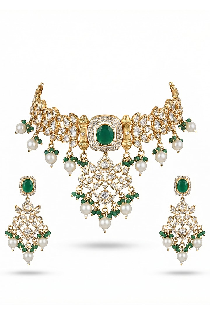 Micro Gold Finish Kundan Polki & Pearl Necklace Set by Tussya at Pernia's Pop Up Shop