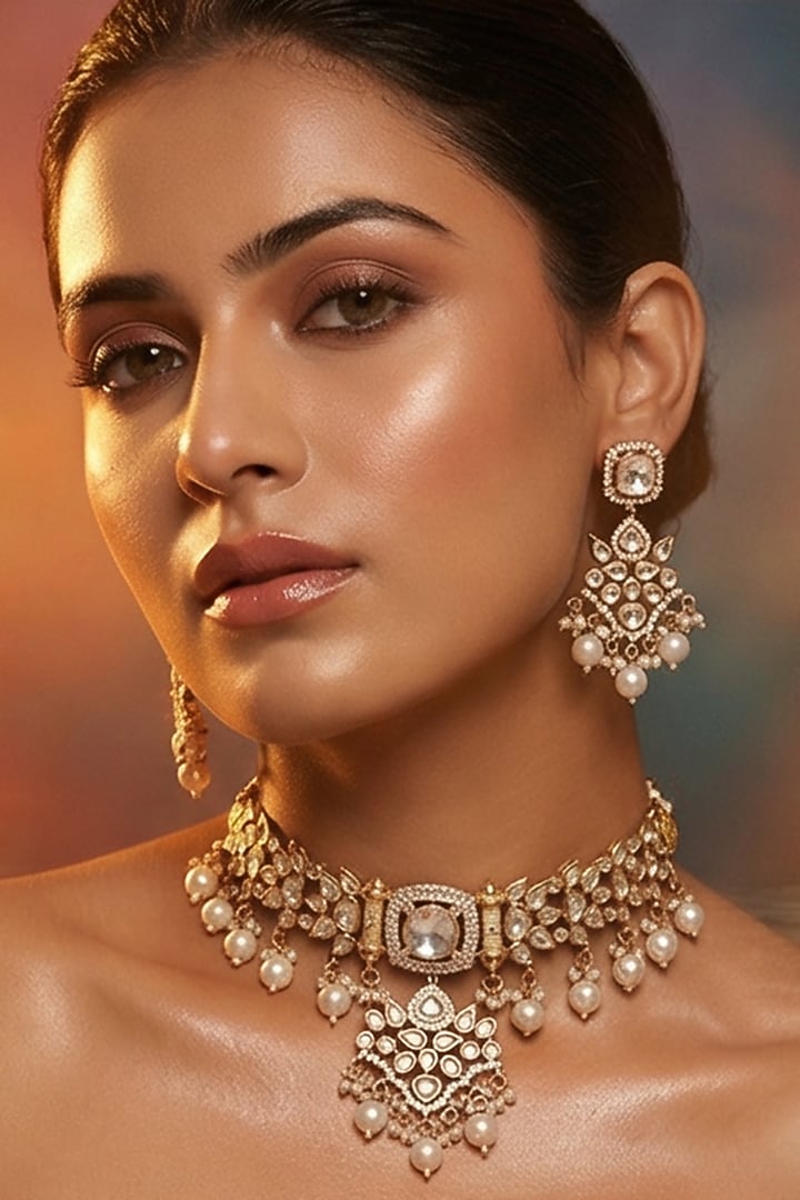 Micro Gold Finish Kundan Polki & Pearl Necklace Set by Tussya at Pernia's Pop Up Shop