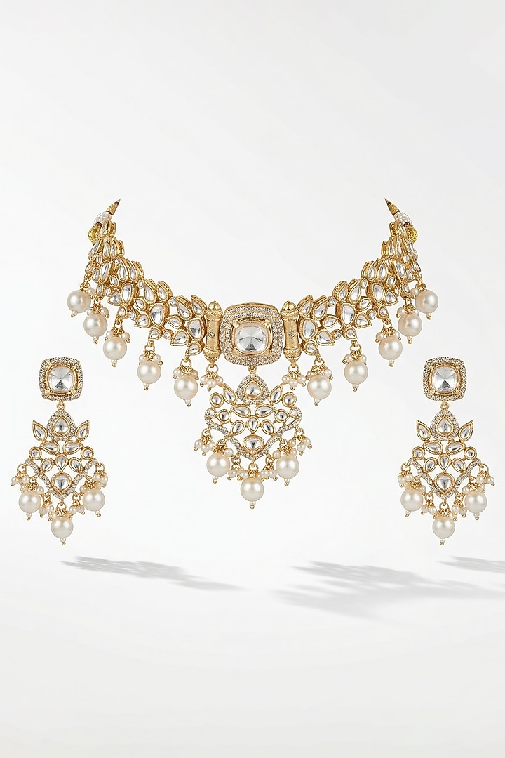 Micro Gold Finish Kundan Polki & Pearl Necklace Set by Tussya at Pernia's Pop Up Shop