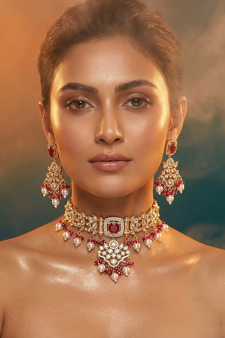 Micro Gold Finish Kundan Polki & Pearl Necklace Set by Tussya at Pernia's Pop Up Shop