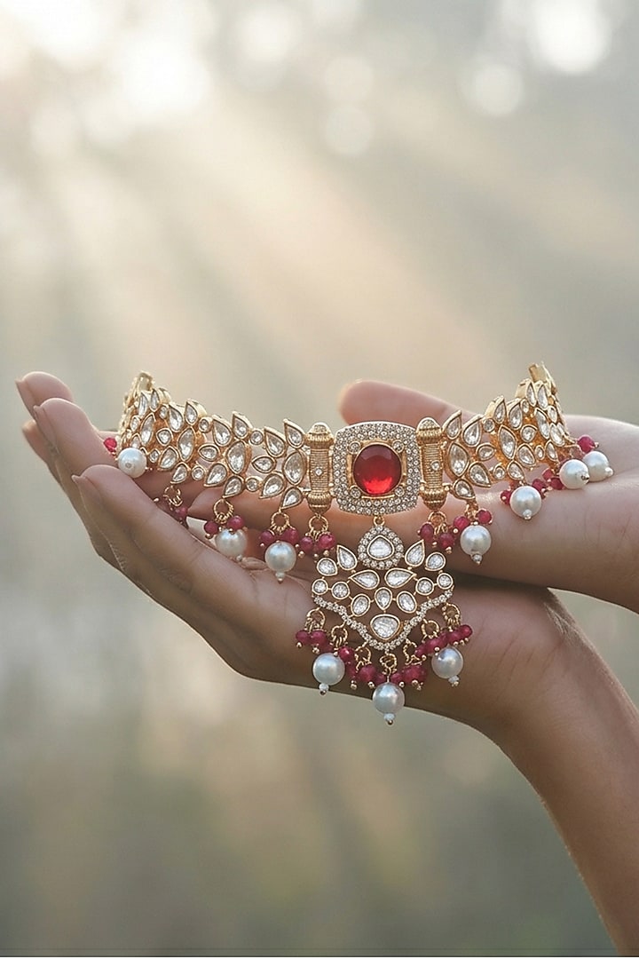 Micro Gold Finish Kundan Polki & Pearl Necklace Set by Tussya at Pernia's Pop Up Shop