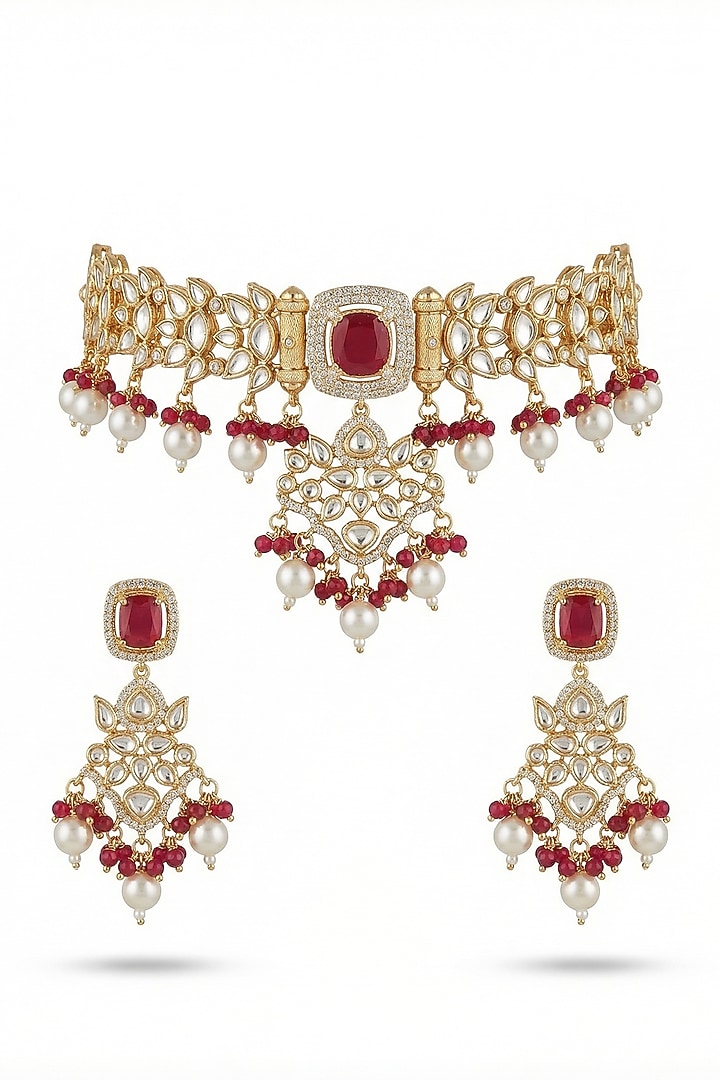 Micro Gold Finish Kundan Polki & Pearl Necklace Set by Tussya at Pernia's Pop Up Shop