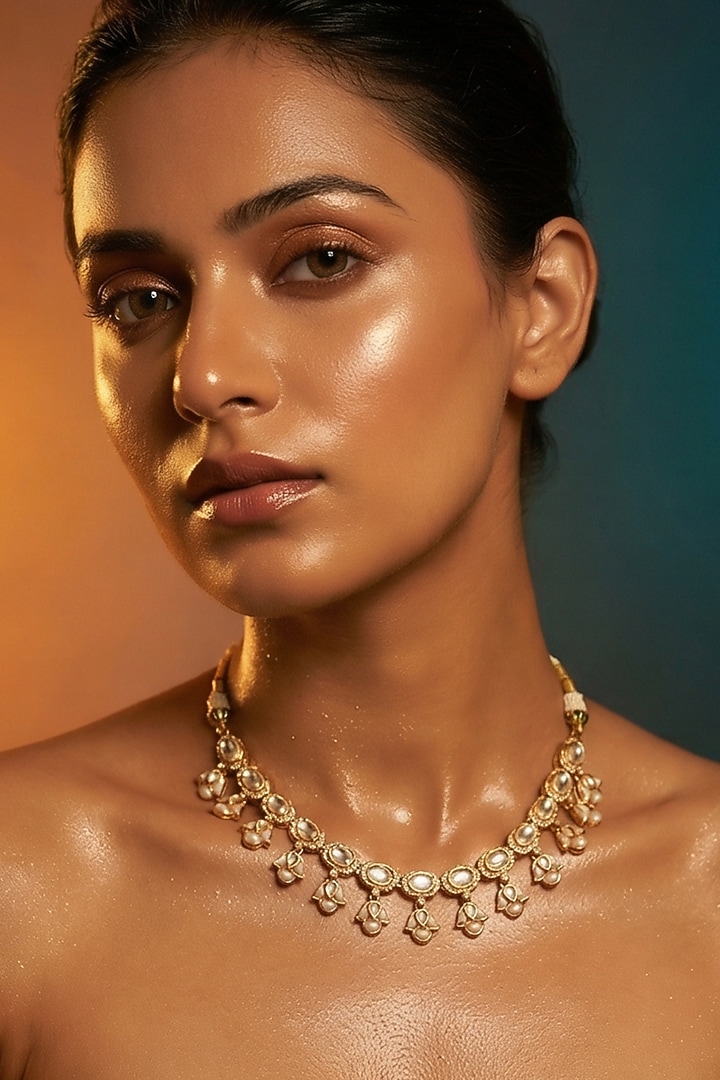 Micro Gold Finish Kundan Polki & Pearl Necklace Set by Tussya at Pernia's Pop Up Shop