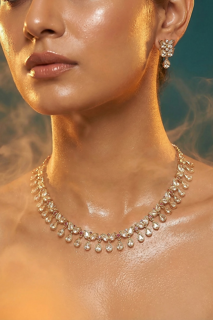 Micro Gold Finish Kundan Polki & Pearl Necklace Set by Tussya at Pernia's Pop Up Shop