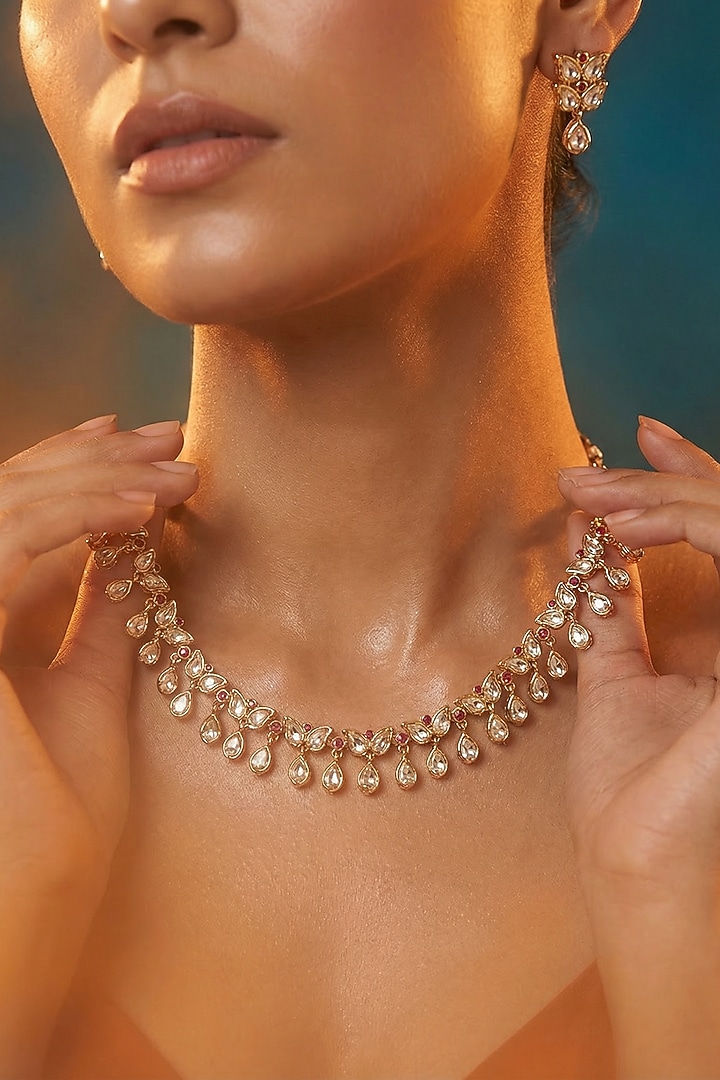 Micro Gold Finish Kundan Polki & Pearl Necklace Set by Tussya at Pernia's Pop Up Shop
