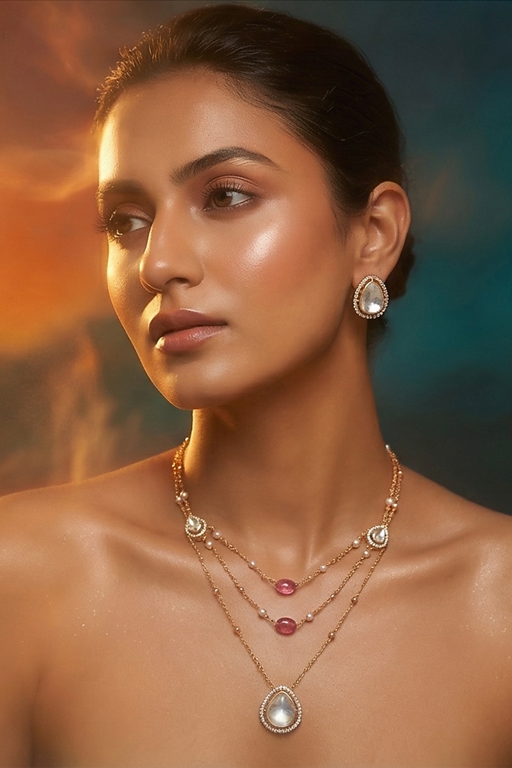 Micro Gold Finish Kundan Polki & Pearl Necklace Set by Tussya at Pernia's Pop Up Shop