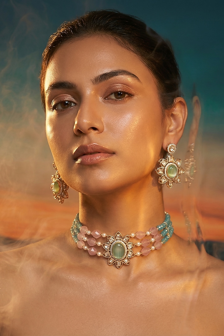 Micro Gold Finish Kundan Polki & Pearl Necklace Set by Tussya at Pernia's Pop Up Shop