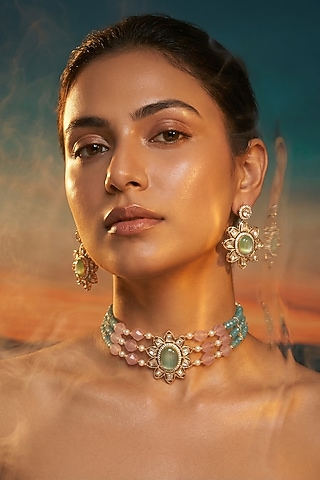 Micro Gold Finish Kundan Polki & Pearl Necklace Set by Tussya