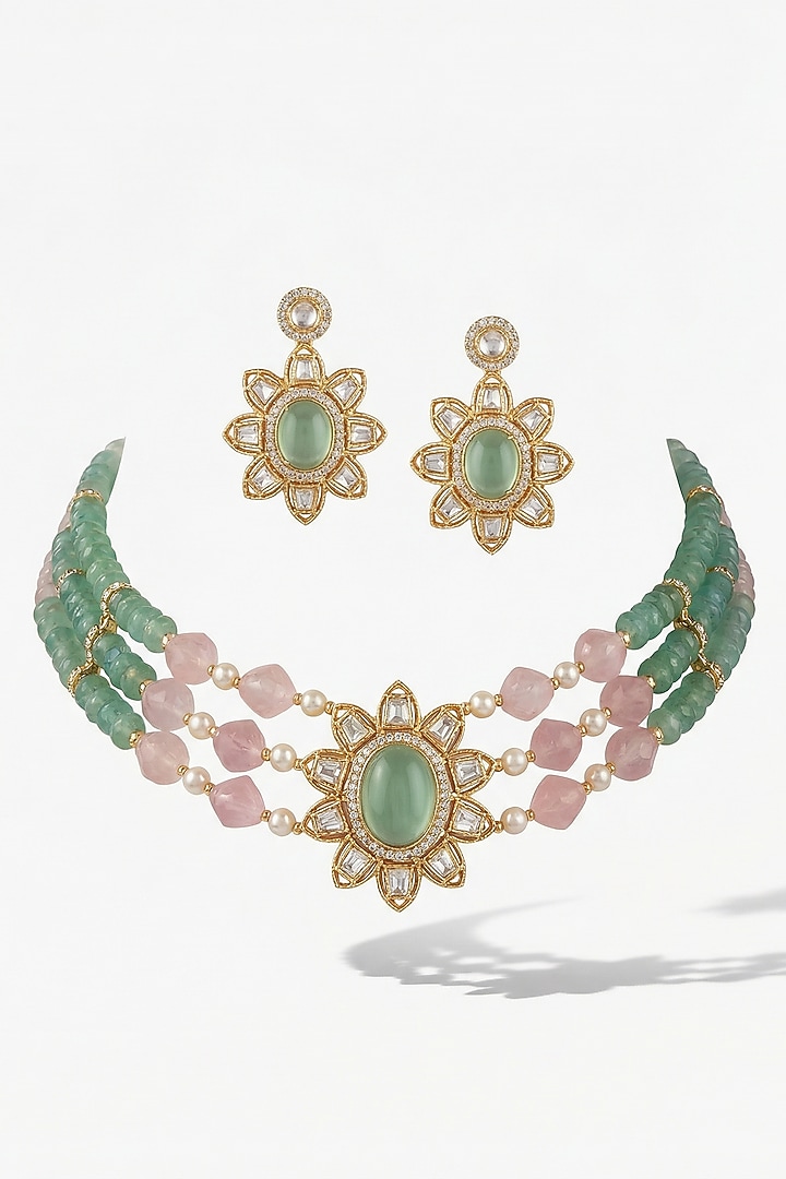 Micro Gold Finish Kundan Polki & Pearl Necklace Set by Tussya at Pernia's Pop Up Shop