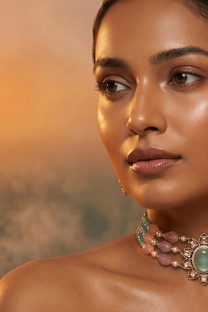 Micro Gold Finish Kundan Polki & Pearl Necklace Set by Tussya at Pernia's Pop Up Shop