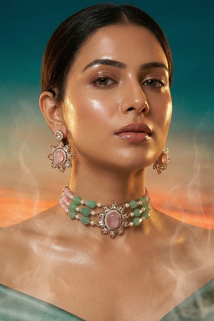 Micro Gold Finish Kundan Polki & Pearl Necklace Set by Tussya at Pernia's Pop Up Shop