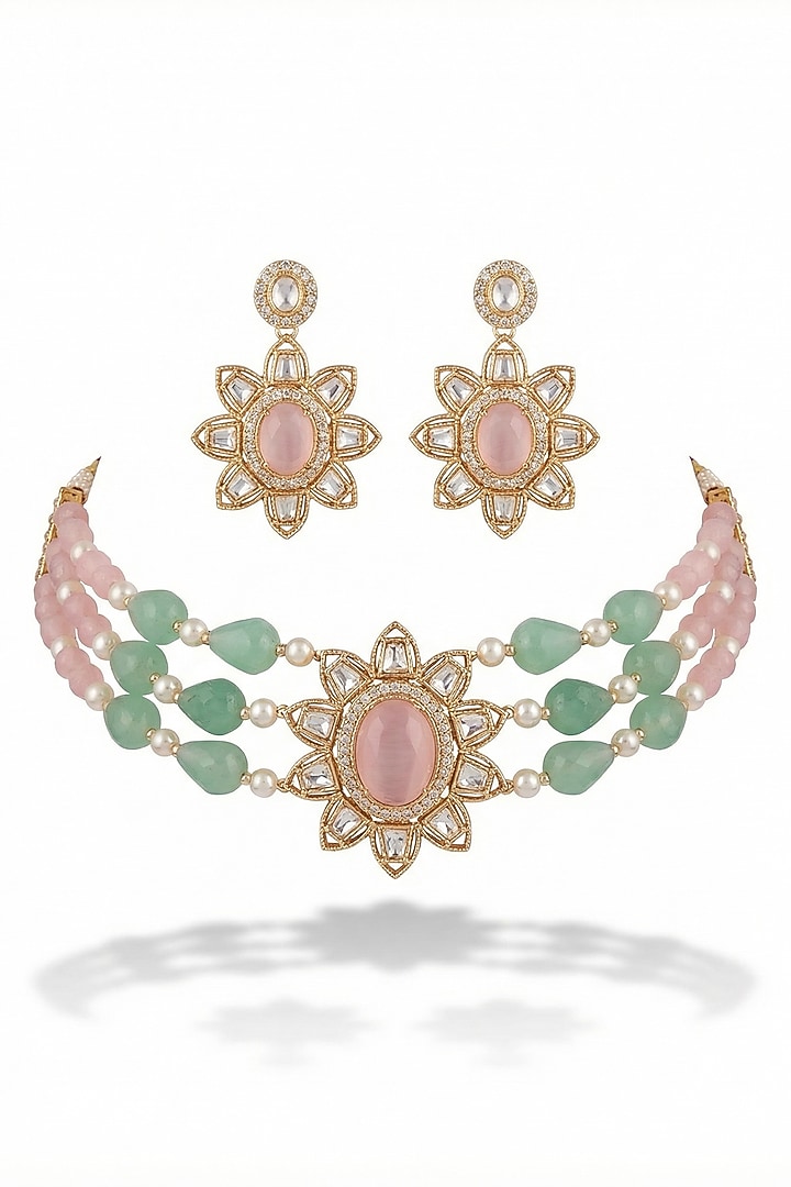 Micro Gold Finish Kundan Polki & Pearl Necklace Set by Tussya at Pernia's Pop Up Shop
