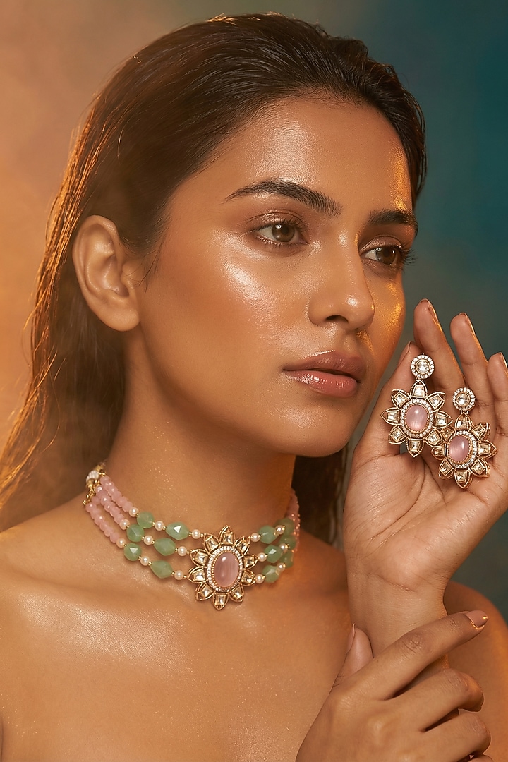 Micro Gold Finish Kundan Polki & Pearl Necklace Set by Tussya at Pernia's Pop Up Shop