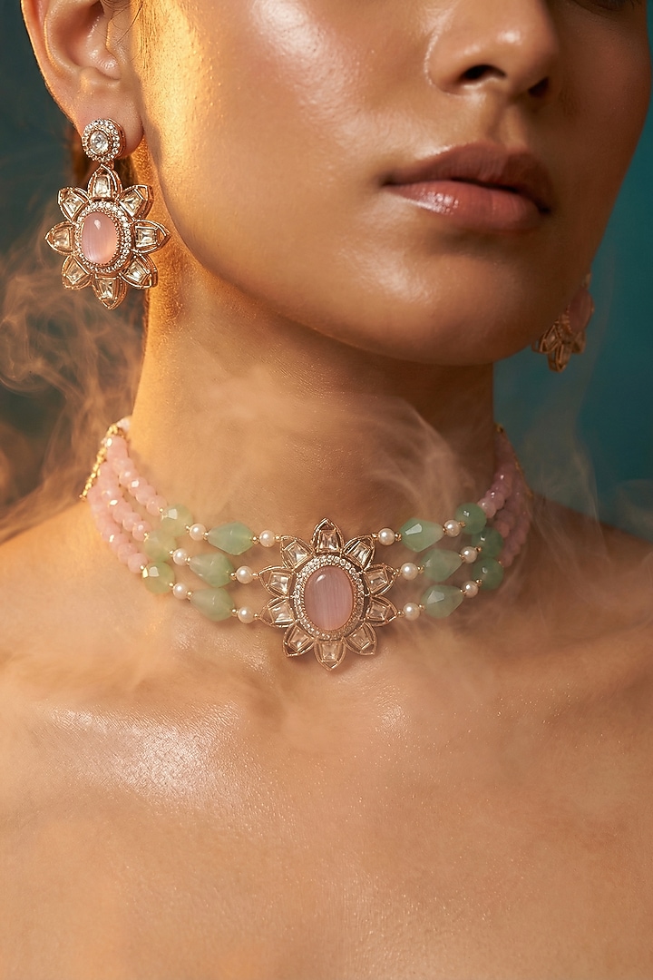 Micro Gold Finish Kundan Polki & Pearl Necklace Set by Tussya at Pernia's Pop Up Shop
