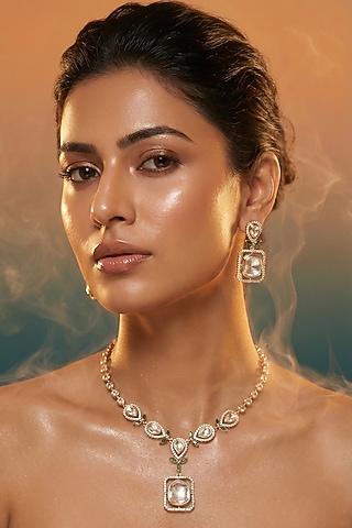 Micro Gold Finish Kundan Polki & Pearl Necklace Set by Tussya