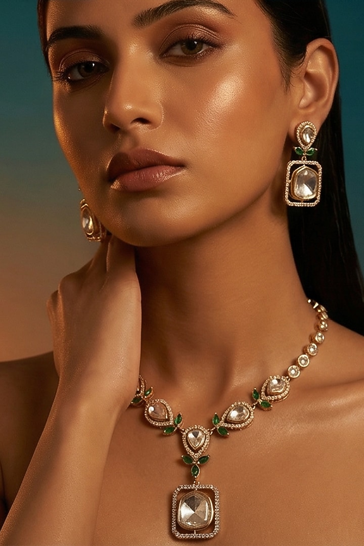 Micro Gold Finish Kundan Polki & Pearl Necklace Set by Tussya at Pernia's Pop Up Shop