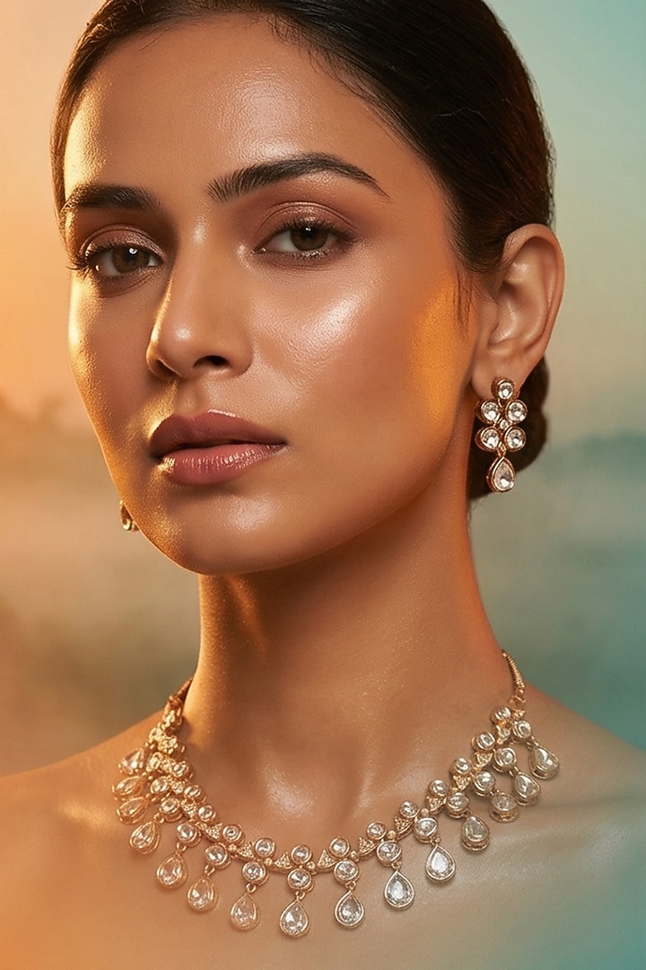 Micro Gold Finish Kundan Polki & Pearl Necklace Set by Tussya at Pernia's Pop Up Shop