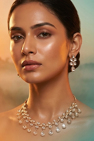 Micro Gold Finish Kundan Polki & Pearl Necklace Set by Tussya