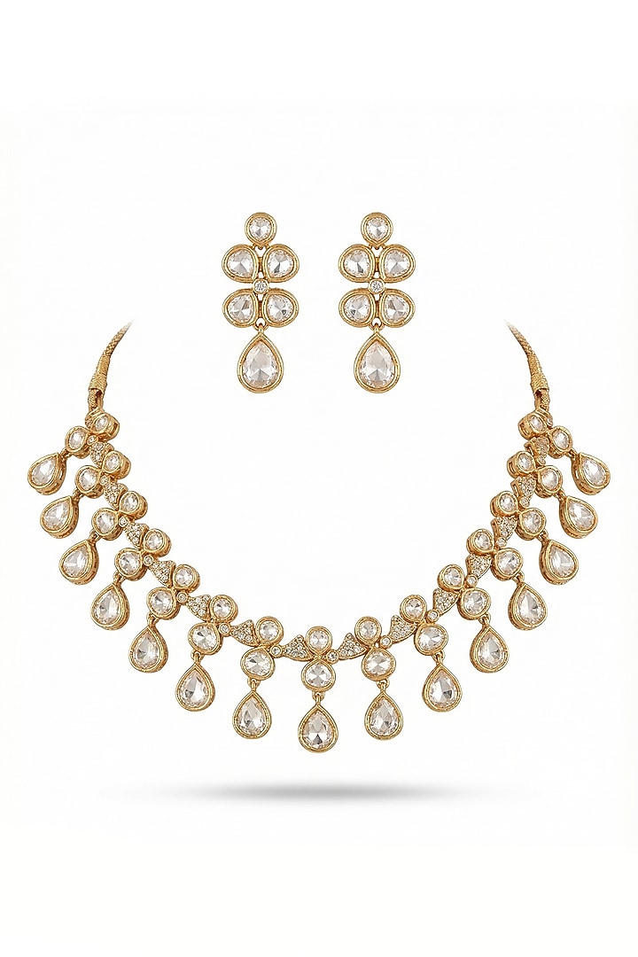 Micro Gold Finish Kundan Polki & Pearl Necklace Set by Tussya at Pernia's Pop Up Shop