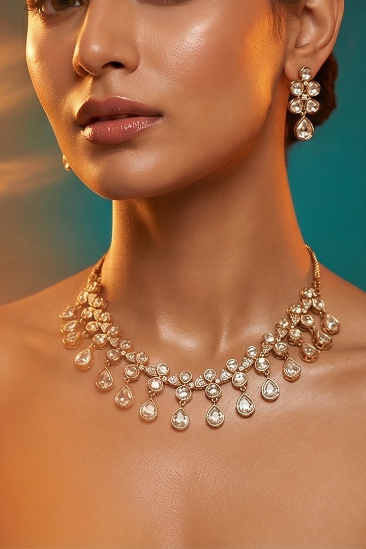 Micro Gold Finish Kundan Polki & Pearl Necklace Set by Tussya at Pernia's Pop Up Shop