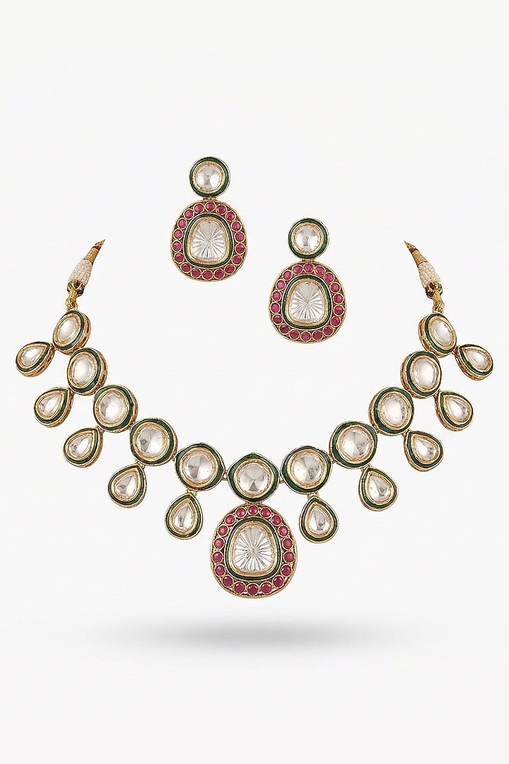 Micro Gold Finish Kundan Polki & Pearl Necklace Set by Tussya at Pernia's Pop Up Shop