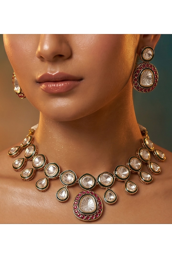 Micro Gold Finish Kundan Polki & Pearl Necklace Set by Tussya at Pernia's Pop Up Shop