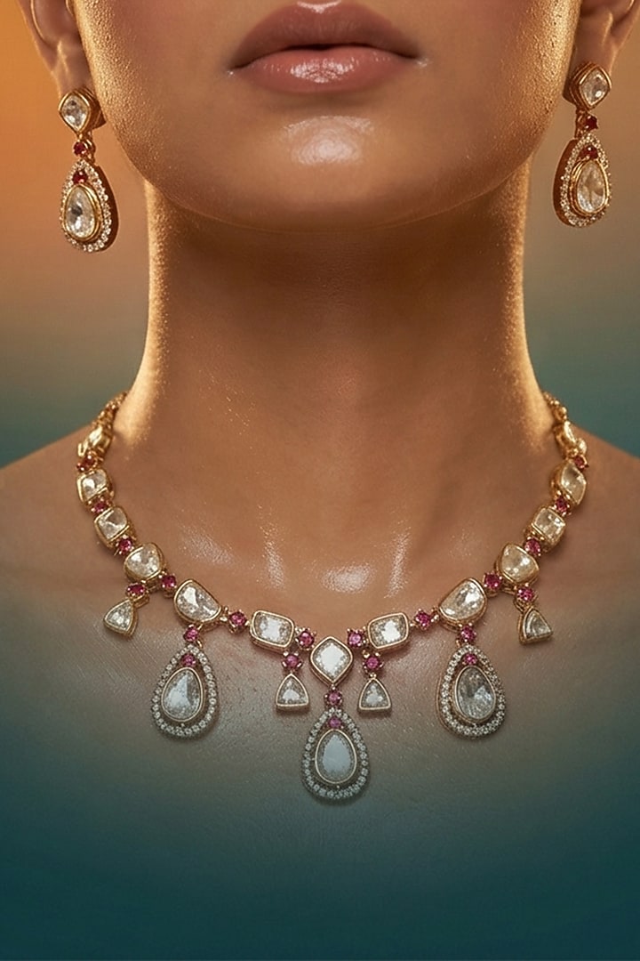 Micro Gold Finish Kundan Polki & Pearl Necklace Set by Tussya at Pernia's Pop Up Shop