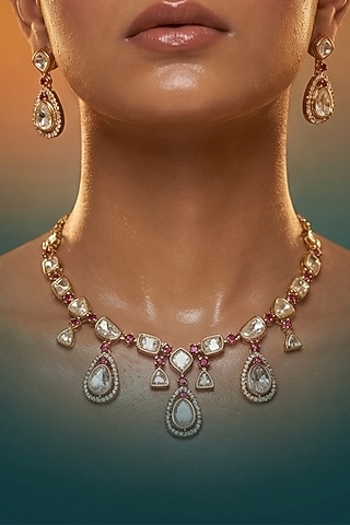 Micro Gold Finish Kundan Polki & Pearl Necklace Set by Tussya
