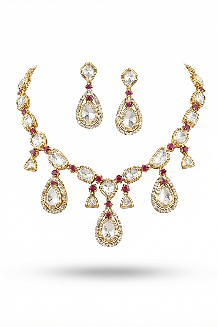 Micro Gold Finish Kundan Polki & Pearl Necklace Set by Tussya at Pernia's Pop Up Shop