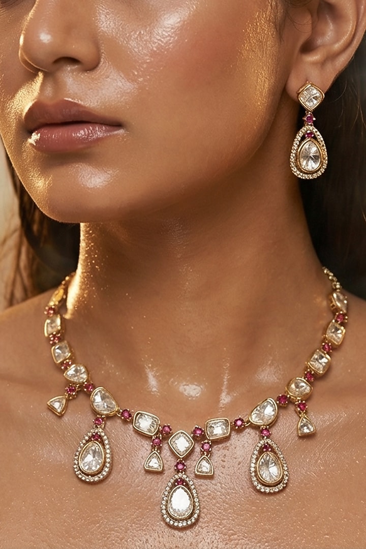 Micro Gold Finish Kundan Polki & Pearl Necklace Set by Tussya at Pernia's Pop Up Shop