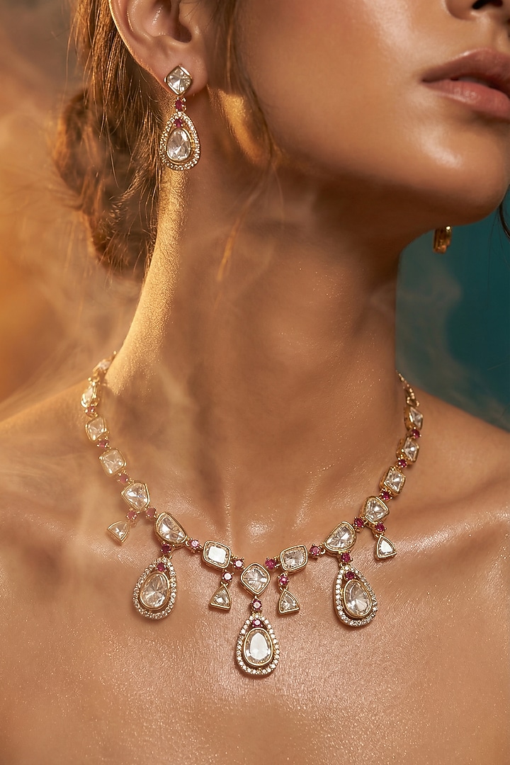 Micro Gold Finish Kundan Polki & Pearl Necklace Set by Tussya at Pernia's Pop Up Shop