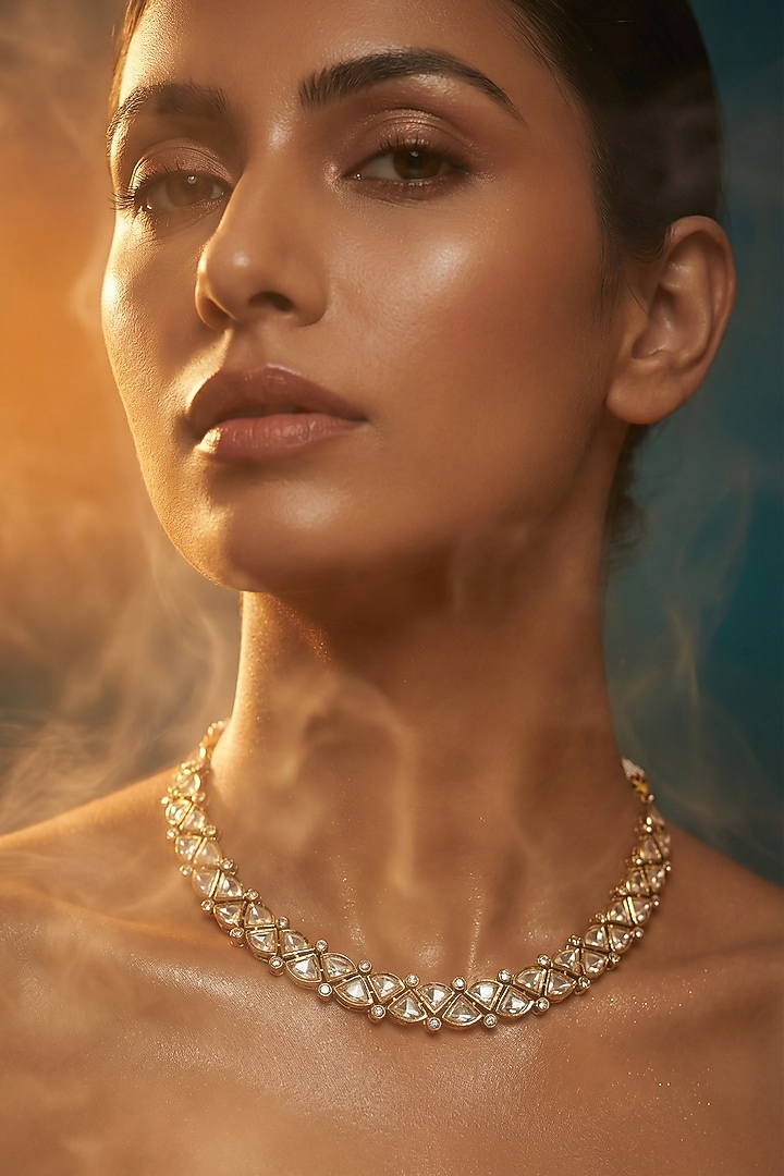 Micro Gold Finish Kundan Polki & Pearl Necklace Set by Tussya at Pernia's Pop Up Shop