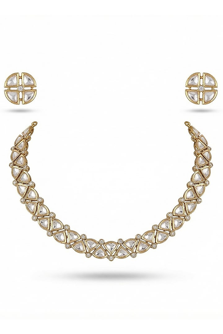 Micro Gold Finish Kundan Polki & Pearl Necklace Set by Tussya at Pernia's Pop Up Shop
