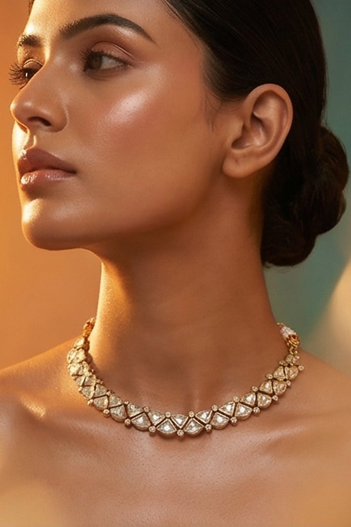Micro Gold Finish Kundan Polki & Pearl Necklace Set by Tussya at Pernia's Pop Up Shop
